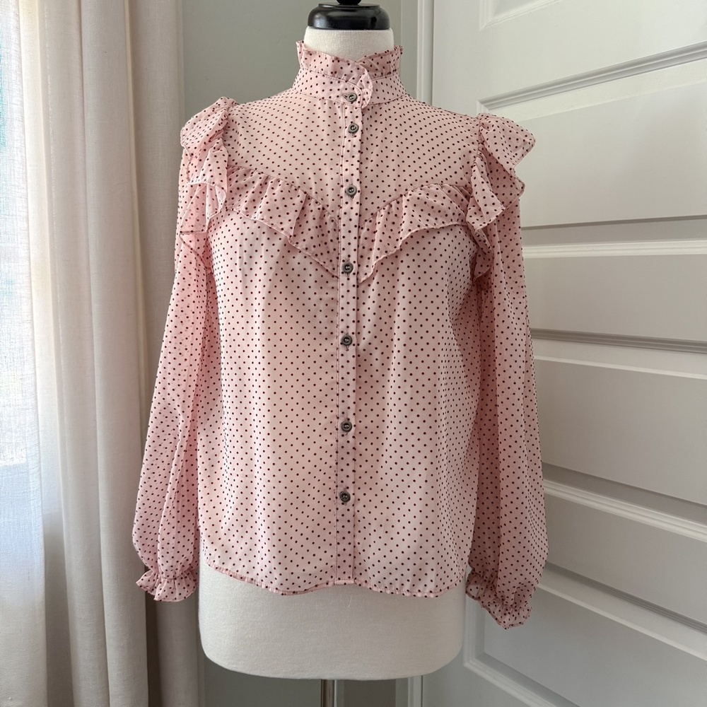Zara Polka Dot Ruffled Button Down Blouse : Small - Picture 2 of 7